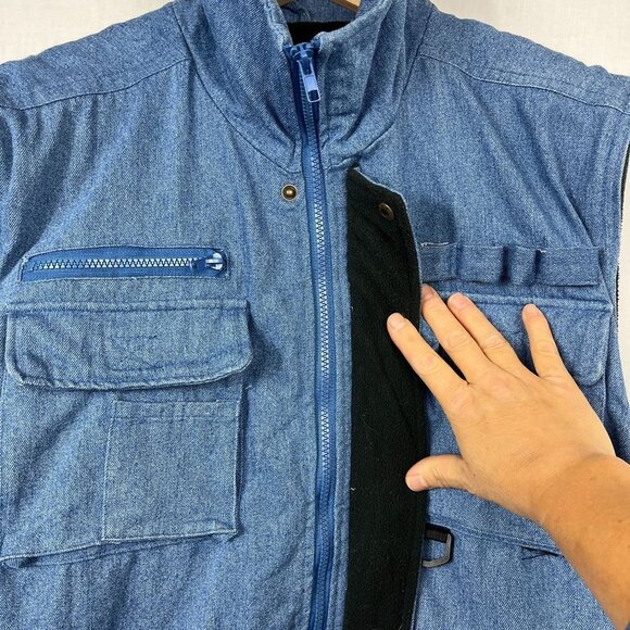 Vintage Stag Hill Denim Fleece Lined Utility Vest Men M Oversized Baggy Full Zip - Picture 4 of 10